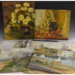 An interesting collection of oils on hardboard, various subjects, still life, landscape, etc,