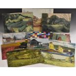 An interesting collection of oils on hardboard, various subjects, abstract, still life, landscape,