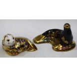 A Royal Crown Derby paperweight, Sea Lion, gold stopper, boxed; another, Harbour Seal,