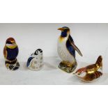 A Royal Crown Derby paperweight, Emperor Penguin, gold stopper, boxed; others,