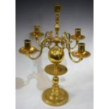 A William & Mary style brass five-light table centre candelabrum, scroll branches, waisted sconces,