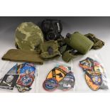 Militaria - United States Army - various kit and accessories, helmet, belts, American cloth badges,