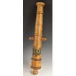 A wooden cannon founder's maquette, turned barrel and trunnions,