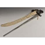 A Sudanese kaskara, 75cm flat tapered blade, T-shaped hilt with oval pommel, 90cm long,