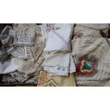 Textiles - a candlewick bed cover; a quantity of table linen and lace,