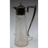 A Victorian cut glass claret jug, plated mounts,