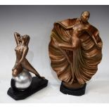An Art Deco bronze coloured painted chalk figure, of a topless dancing girl,