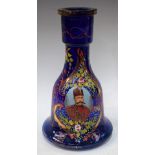 An Ottoman glass hookah base, decorated in polychrome with a portrait of Mehmed VI,