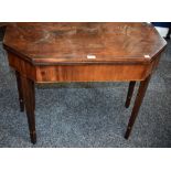 A George III mahogany tea table, folding top above a deep frieze, tapered square legs, 87.