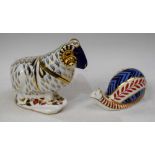 A Royal Crown Derby paperweight, Ram, printed marks, gold stopper, boxed; another, similar, Snail,