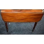 A Victorian mahogany Pembroke table, rectangular top with fall leaves above a single frieze drawer,