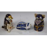 A Royal Crown Derby paperweight, Blue Fox, printed marks, gold stopper, boxed; others, similar,