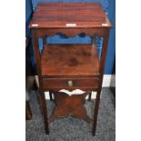 A George III mahogany washstand, later square top above a shaped apron and frieze drawer,