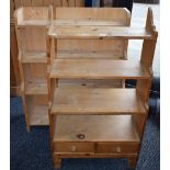 A pine waterfall bookcase, 112cm high; another,