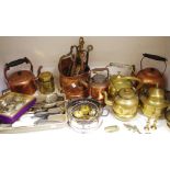 A copper kettle; another; a brass tea kettle; copper oil lamp; EPNS and other flatware;
