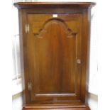 An oak wall mounted corner cupboard, ogee cornice, fielded panel door,