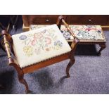 A late 19th century oak long foot stool; mahogany piano stool, hinged wool work seat,