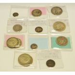 Coins - 1881 half crown; 1817 half crown; 1882 zannas; 2 shilling; 1 mark; George III sixpence;