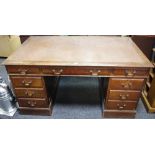 20th century oak pedestal desk, tooled brown leather inlaid top, c.