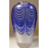 A Sanders and Wallace iridescent ovoid vase, with blue trailed swag decoration on an opaline ground,
