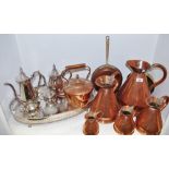 Metalware - copper graduated jugs; Graffon half gallon; copper kettle; silver plated tray,