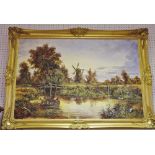 Interior Design - a large contemporary gilt framed bevel edged mirror; an oil on canvas,