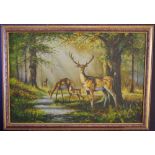 John Trickett Deer in a Glade signed, oil on board,