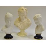 A pair of German Unter Weiss Bach busts, of a boy and girl, cobalt blue socles, 19cm high; after A.