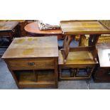 An oak nest of three tables; a galleried oak occasional table; an oak stereo cabinet,