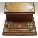 An Edwardian silver mounted oak combination desk stand and stationery box,