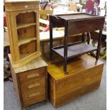 A modern pine wall mounted corner cabinet; a walnut veneered occasional table;