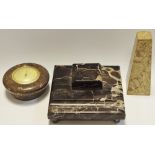 An Art Deco marble inkwell; a desk thermometer;