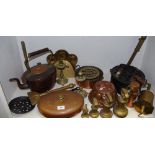 Metalware- copper kettle; brass candlesticks; warming pan; jelly mould; crumb tray;