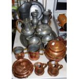 Metalware - pewter Arts & Crafts tea set; copper tankards,
