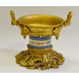 A 19th century Continental pedestal bowl, Limoge type column on cast metal gilded base, c.