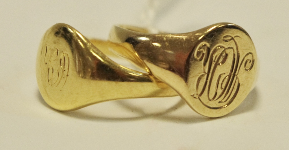 An 18ct gold signet ring, size N; another size N 6.