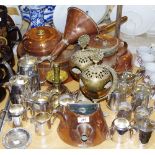 Metalware - a 19th century copper and cast iron saucepan and cover; small jug; copper scoop;