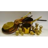 Brass and copper - shot flask; brass fishing reel; chestnut toaster; pans,