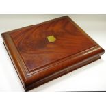 A Victorian fiddle back mahogany work box/collectors box, shield shaped brass cartouche, c.