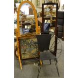 A pine cheval mirror; another; an oak framed woolwork fire screen; a wire work chair;