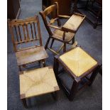 A late Victorian beech child's chair; a child's oak folding chair; a raffia seated oak stool,