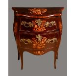 A small 19th century French mahogany and marquetry bombe shaped commode,