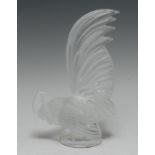 A Lalique clear and frosted glass paperweight, Coq Nain, as a cockerel, 20.5cm high, no.
