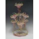 A Victorian vaseline and cranbery table epergne,
