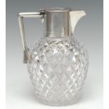 An Edwardian silver mounted hobnail-cut ovoid claret jug, hinged cover, angular handle, 18.