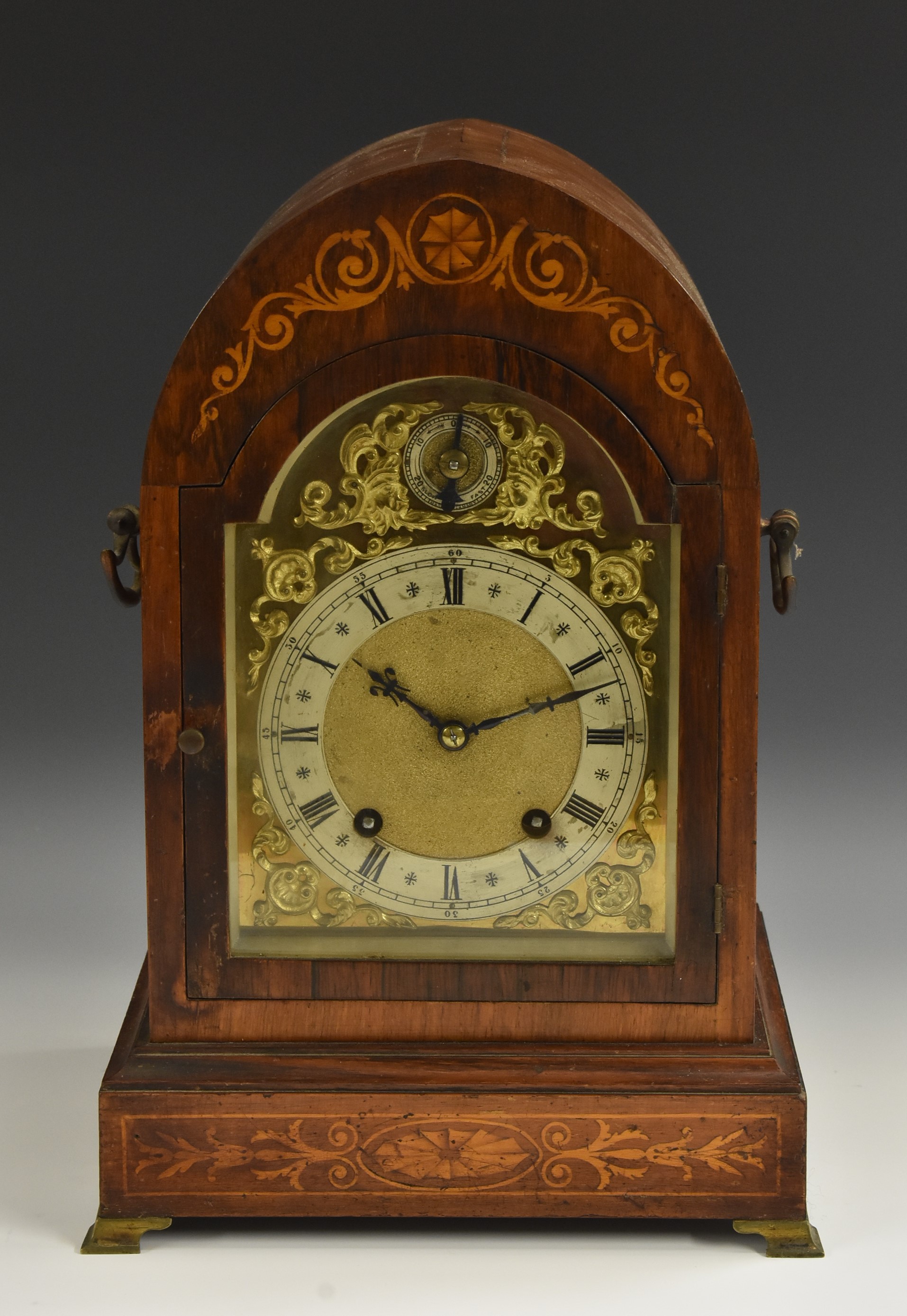 An Edwardian mahogany and marquetry lancet bracket clock,