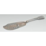 A George III silver Fiddle pattern fish slice, the blade pierced with fish amongst scrolls,