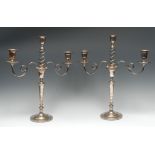 A pair of George III Old Sheffield plate three-light table candelabra, urnular sconces,