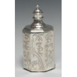 A George V silver octagonal tea caddy, of 17th century design, screw-fitting cover,
