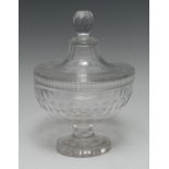 An English pedestal sweetmeat jar, cover and stand, engraved with two bands of ovals, lofty cover,